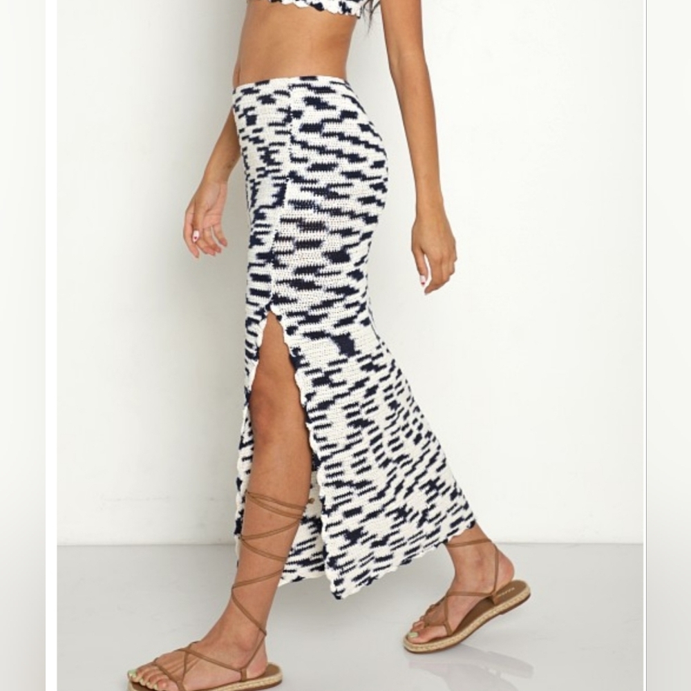 Lusana Estelle Crochet Cotton Maxi Pencil Skirt Navy White Sz 6 NWT Swim Cover